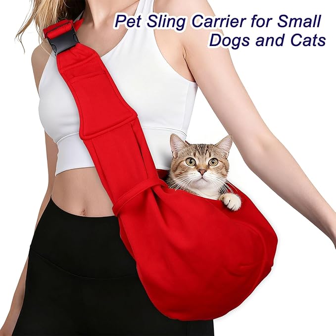 PETAXCELL Dog and Cat Sling Carrier Up to 16.5 Lbs, Hand-Free Reversible Pet Sling Carrier with Adjustable Strap and Pocket, (Red, 1 Pcs) Intended for Hiking/Camping/Traveling