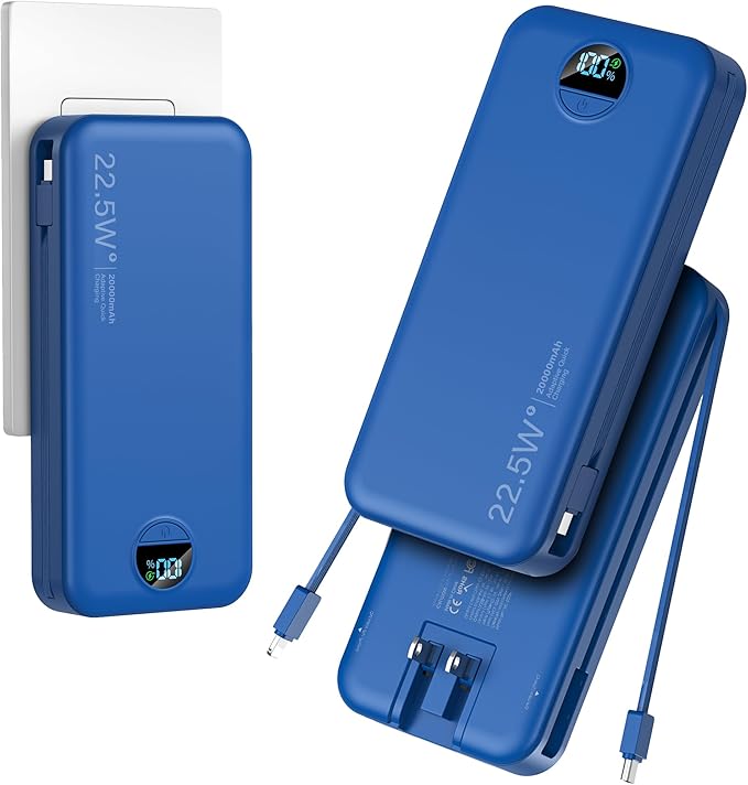 20000mAh Ultra-Portable-Charger-Power-Bank PD20W with Built in Cables&AC Wall Plug,Fast Charging Cell Phone Charger Battery Pack,LED Display Travel Battery Bank for All iPhone,Samsung,Android