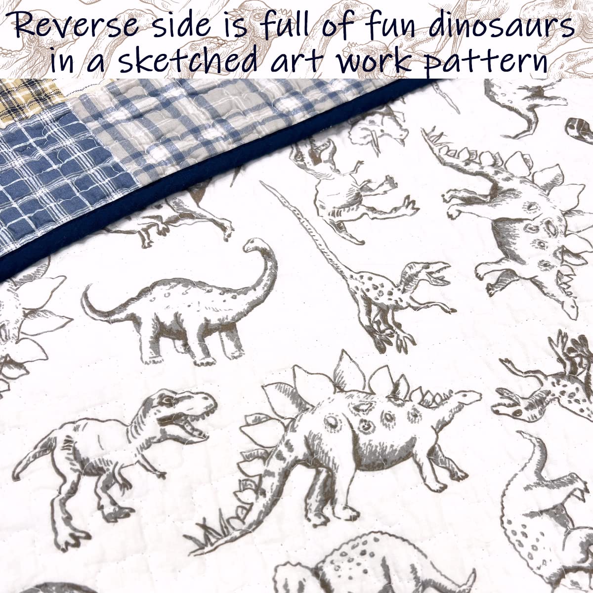Cozy Line Home Fashions Benjamin Cute Dinosaur Plaid Navy Blue White Grey Bedding Quilt Set 100% Cotton Reversible Coverlet Bedspread Set for Kids Boy(Twin - 2 piece)