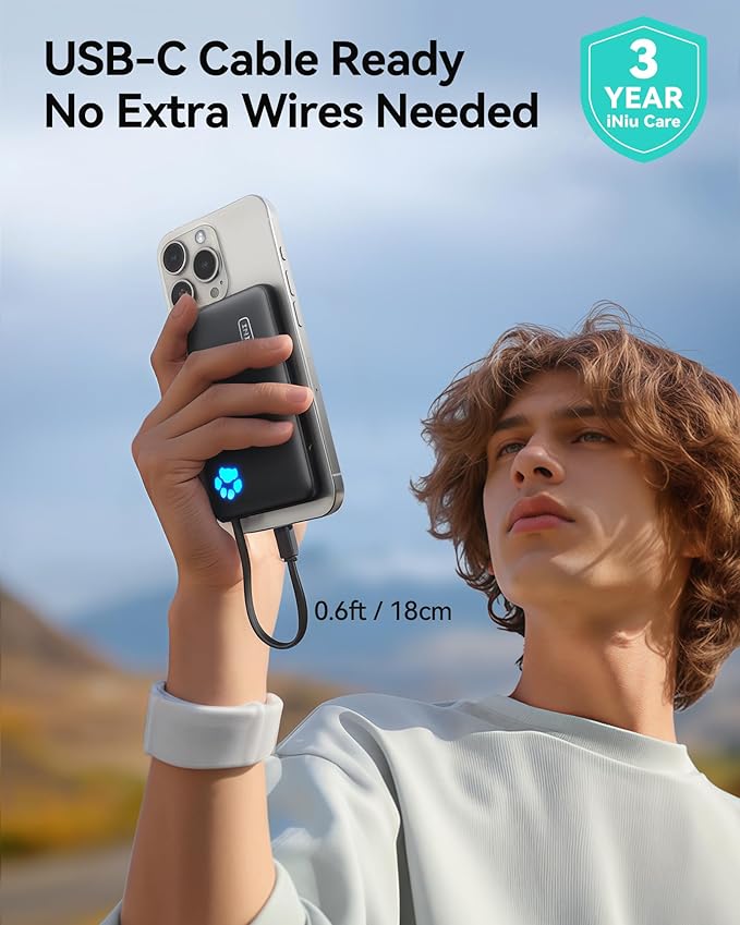 INIU Portable Charger, Slim 45W 10000mAh Power Bank with Build in USB-C Cable for Travel, Fast Charging USB C in&Out Battery Pack, External Phone Charger for iPhone 17 16 15 Samsung S25 S24 Google etc