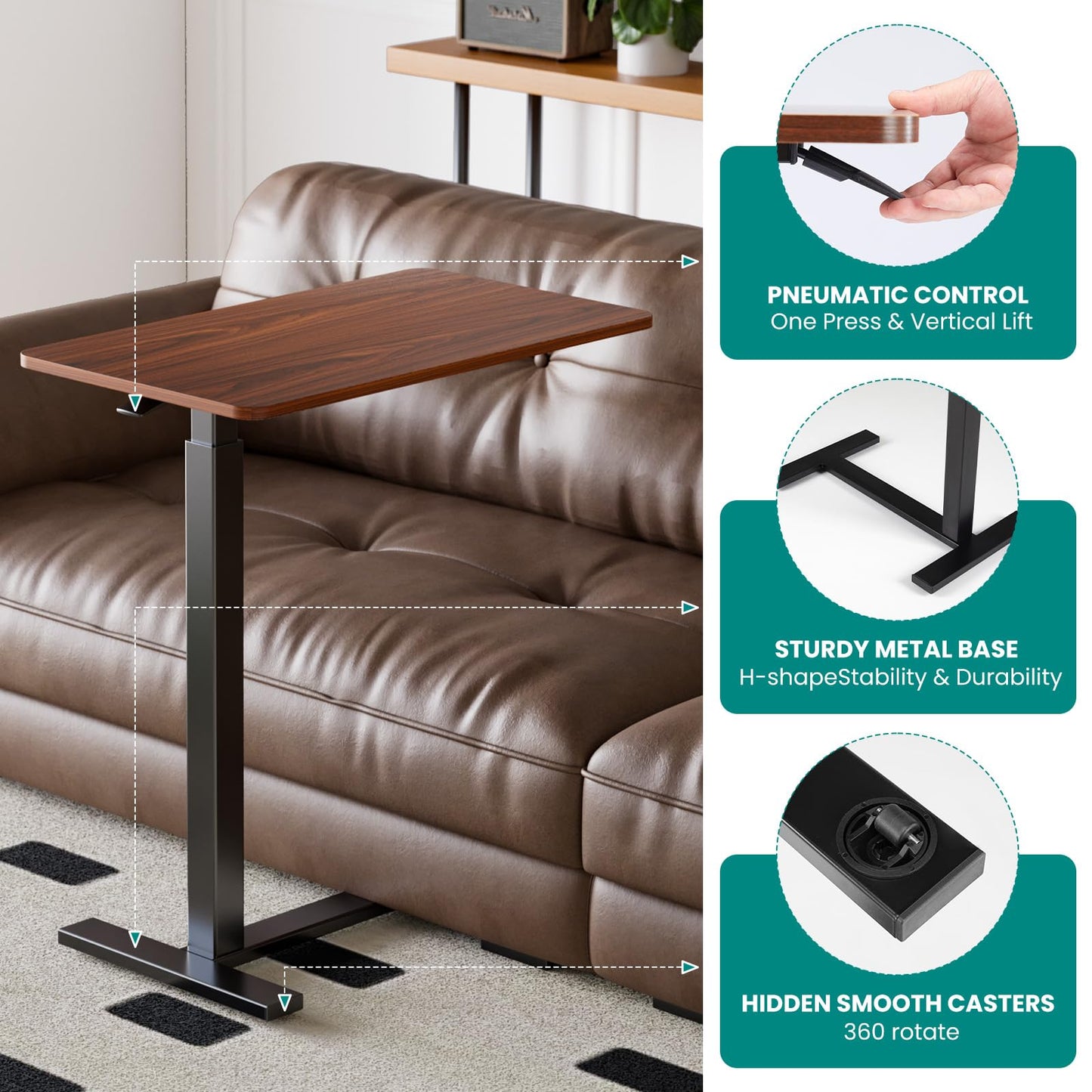 OLIXIS Overbed Bedside Table, Adjustable Hospital & Home Use Bed Table with Wheels, Rolling Laptop Tables, Mobile Standing Desk, Sturdy & Space Saving Design, Rust