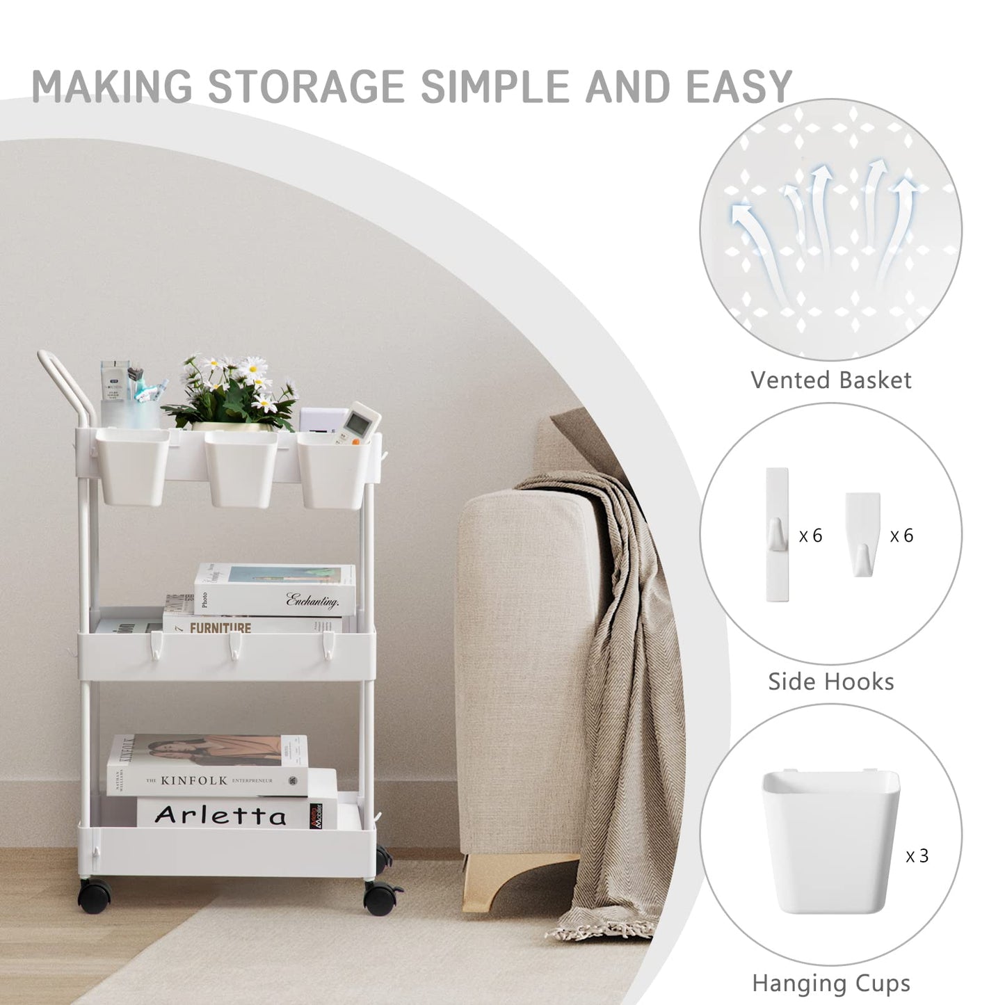 danpinera Storage Cart on Wheels, 3 Tier Slim Laundry with Wheels Bathroom Organizer with Hanging Cups Hooks Dividers Handle Mobile Rolling Art Cart for Bathroom Kitchen Narrow Places, White