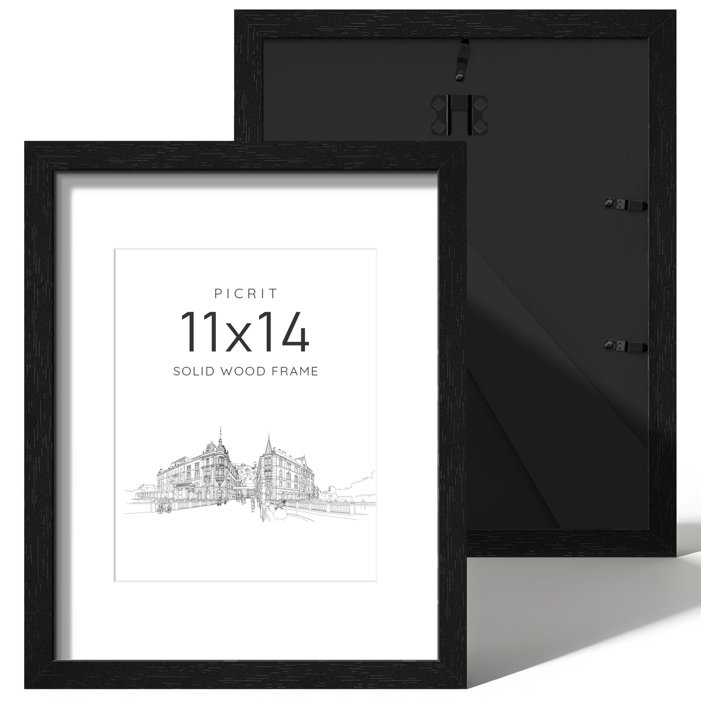 Picrit 11x14 Picture Frame Set of 2, Solid Wood and Black Backboard, Displays 8x10 with Mat or 11 x 14 Without Mat, Tabletop & Wall Mounted, Multi-Piece Wall Gallery Photo Frames for Home Decor, Black Wood Grain