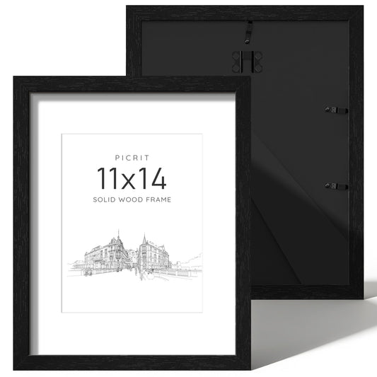 Picrit 11x14 Picture Frame Set of 2, Solid Wood and Black Backboard, Displays 8x10 with Mat or 11 x 14 Without Mat, Tabletop & Wall Mounted, Multi-Piece Wall Gallery Photo Frames for Home Decor, Black Wood Grain