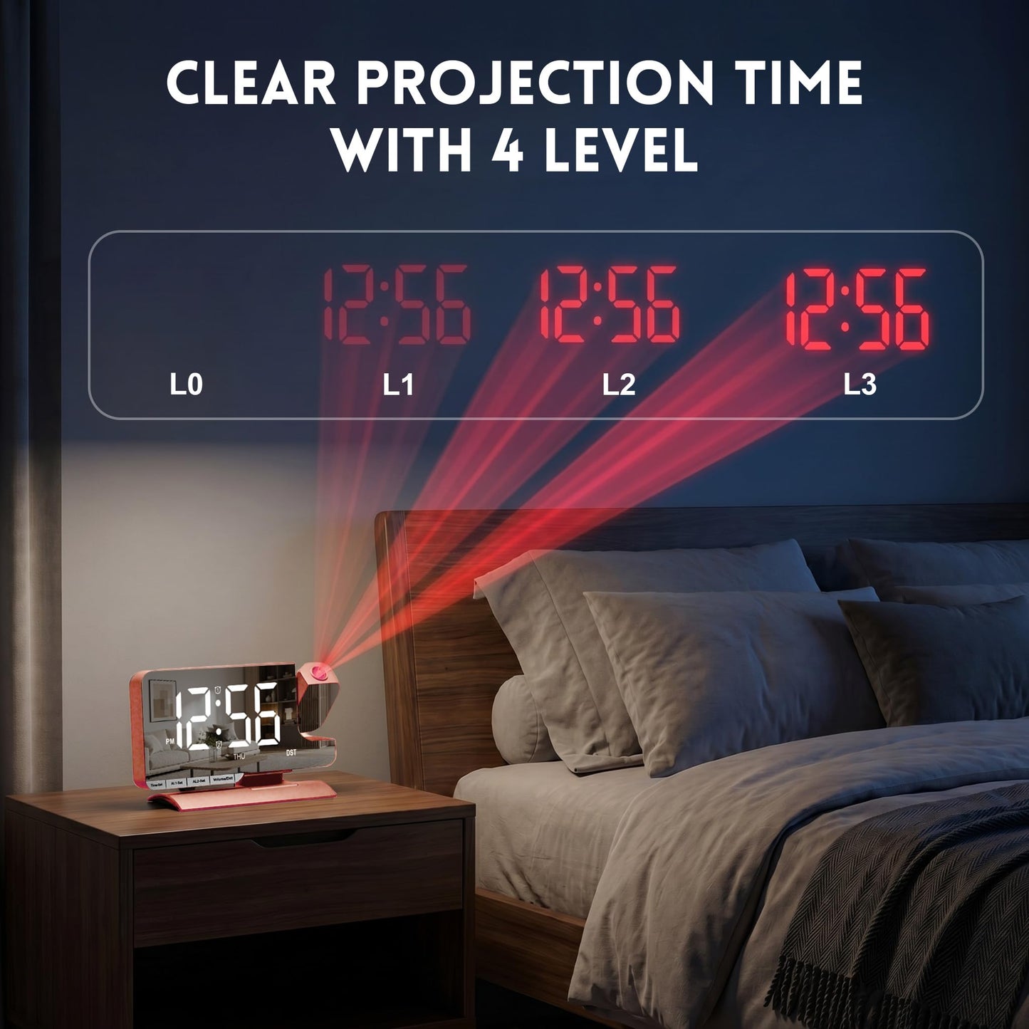Projection Clock,Alarm Clocks for Bedrooms,7.3"Mirror Bedside Clock with 180°Rotating Projector,6 Brightness Adjust,Dual Alarm with 3 Mode,Date,DST,Charging Port,5 Levels Volume for Home Decor