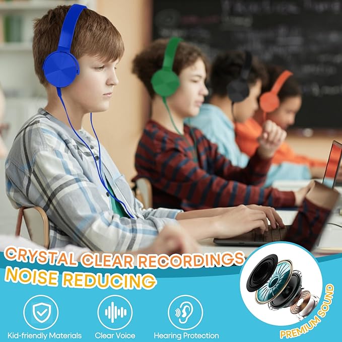 Kids Headphones Bulk 5 Pack for School Classroom Students K-12, Wholesale Wired Durable Headphones for Children Toddler Boys Girls Computer Chromebook Laptop PC (LS450, 5 Mixed)