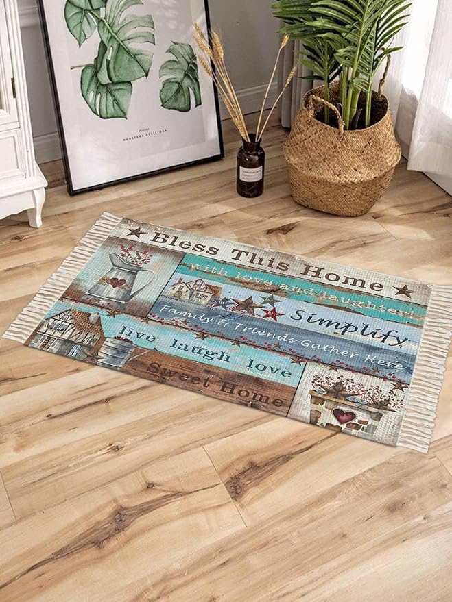 Turquoise Blue Brown Large Runner Rug 4X6 Ft Living Room Area Rug, Washable Woven Vintage Barn Rustic Cabin Throw Carpet With Tassel, Non-Shedding Country Star Farm Wooden Plank Bedroom Office Carpets