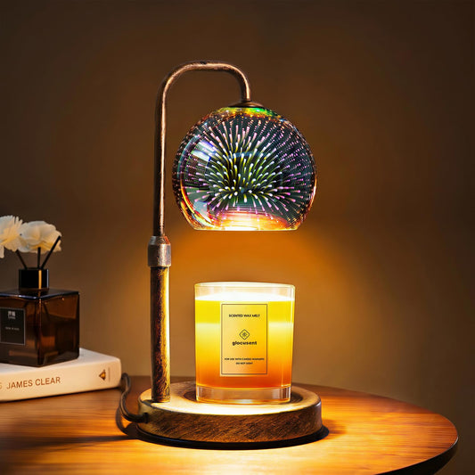 Glocusent Candle Warmer Lamp with Timer, 3D Glass Globe, Retro wood-grain metal base, Dimmable Height Adjustable Candle Warmer for Jar Candles, Home Decor & Gifts for Women, Firework patterns, 2 Bulbs