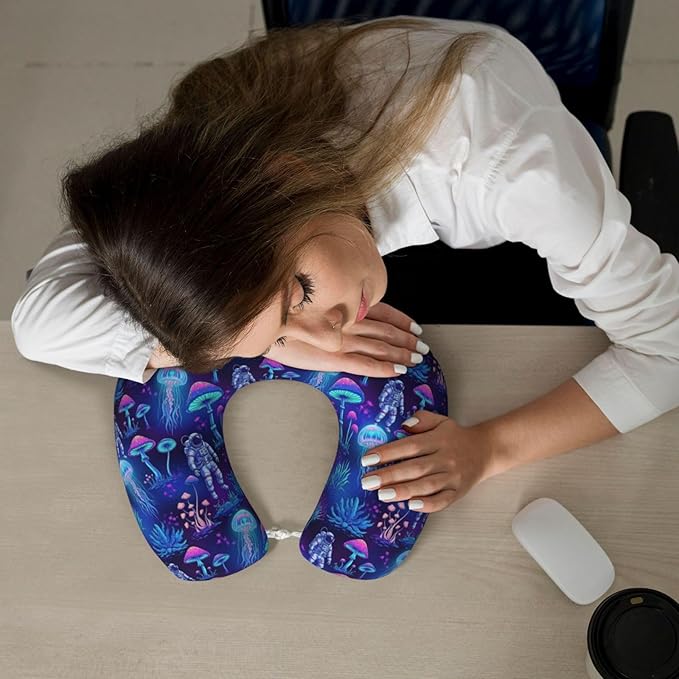 Travel Neck Pillow for Pain Relief Sleeping, Underwater Jellyfish Astronauts Mushroom Art, Comfortable Memory Foam Chin Head Cushion Support with Zip Cover, Fashion Car Flight Pillows