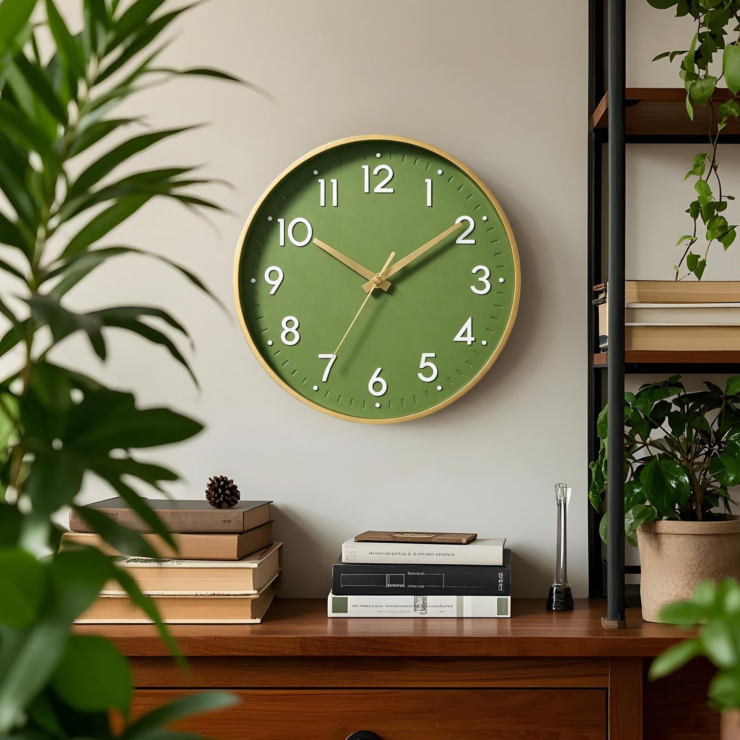 Mosewa Wall Clock 14 Inch, Battery Operated Non-Ticking Modern Analog Clock Decorative for Kitchen, Bedroom, Office, Home(Olive Green and Gold)