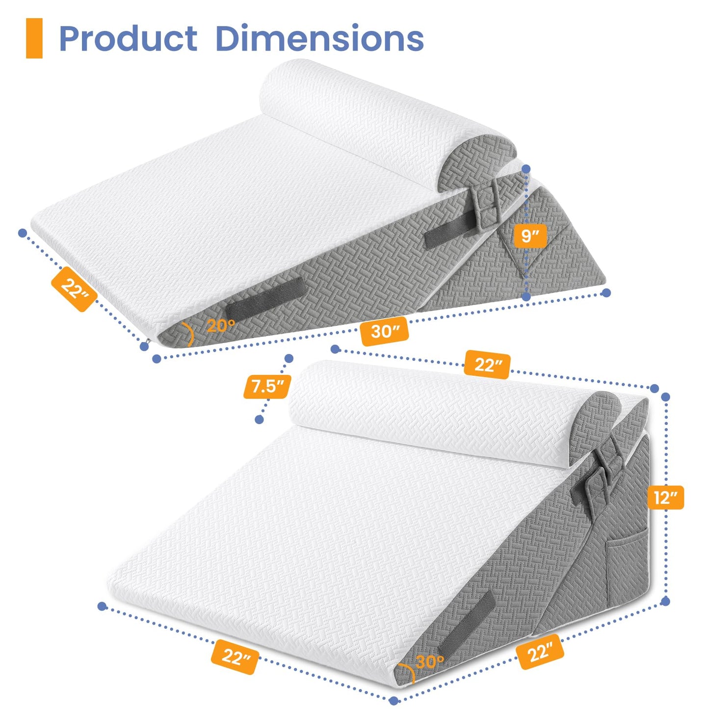 Sasttie Wedge Pillow Set for After Surgery, 2PCS Adjustable Bed Wedge Pillow Headboard with Memory Foam Neck Cushion – for Acid Reflux, Sleeping, Neck & Back Support, Dark Grey & White