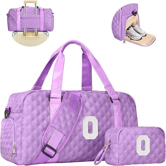 Elilier Initial Gym Bag for Girls, Kids Travel Duffel Bag, Graduation Gifts for Her, Personalized Weekender Bag with Shoes Compartment, Gifts for Mom, Girls Gifts for Kids