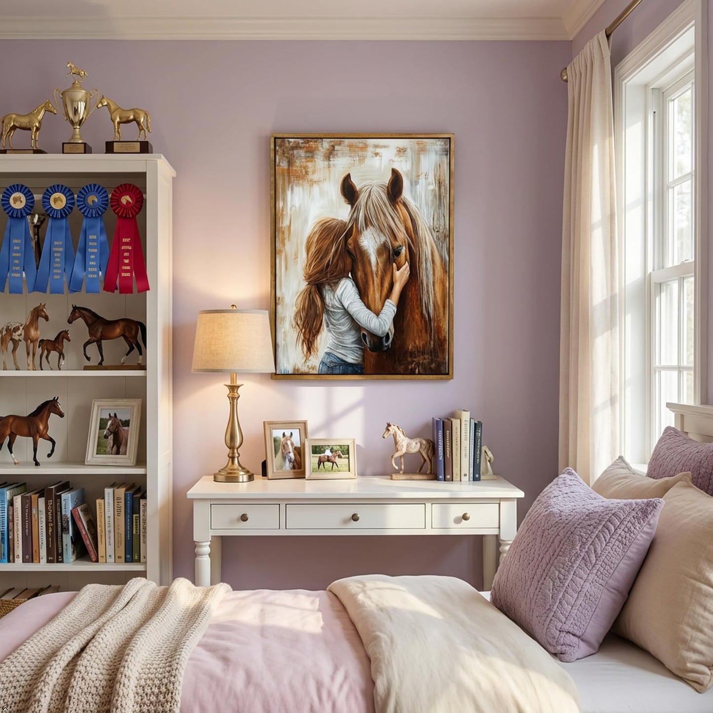 Framed Horse Canvas Wall Art Girl and Horse Rustic Farmhouse Equestrian Pictures Wall Decor for Girls Bedroom, Western Country Art for Living Room Study (8x10in)