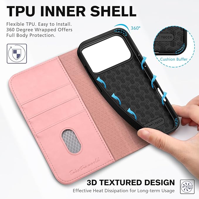 TUCCH Case Wallet for iPhone 17 Pro Max (6.9") 2025, RFID Blocking 3 Card Holders | Kickstand | PU Leather | Protective Flip Folio Cover | TPU Shockproof Interior Shell | Pink