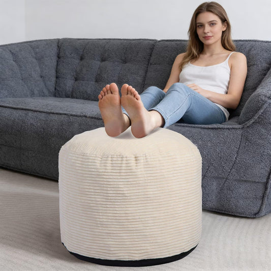 VBGYA Round Pouf Ottoman Foot Rest with Foam Chunk Filling, Corduroy Ottomans for Living Room Floor Poufs (20"x15",Beige)