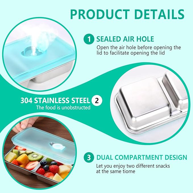 Dobyusf 4-Pack Stainless Steel Snack Containers with Silicone Lids - Dual-Compartment Breathable Food Storage, BPA-Free Reusable Container Set for Office, Travel, On-the-Go Lifestyle