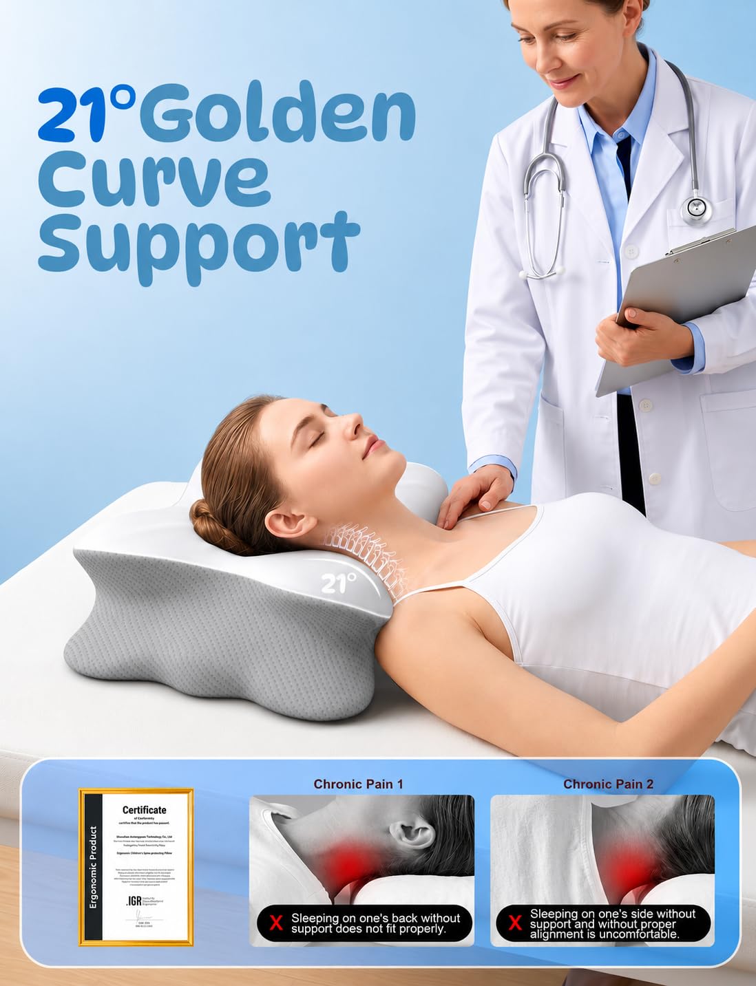 Cooling Cervical Neck Pillow for Pain Relief, Ergonomic Mellow Sleep Pillow for Neck Support | Adjustable | Memory Foam | Odorless Orthopedic Bed Pillow for Side Back Stomach Sleepers - Gift for Mom