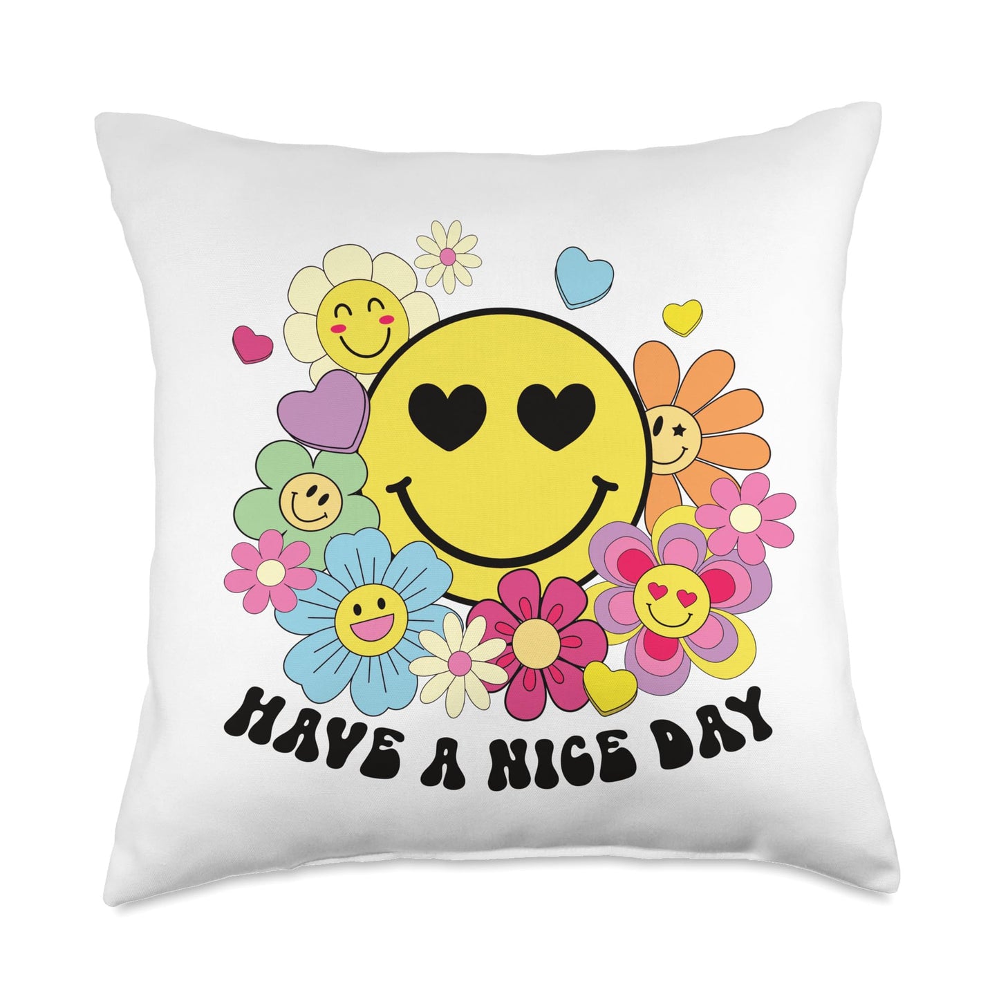 Have A Nice Day Yellow Smile Face Flowers Kids Toddler Girls Throw Pillow
