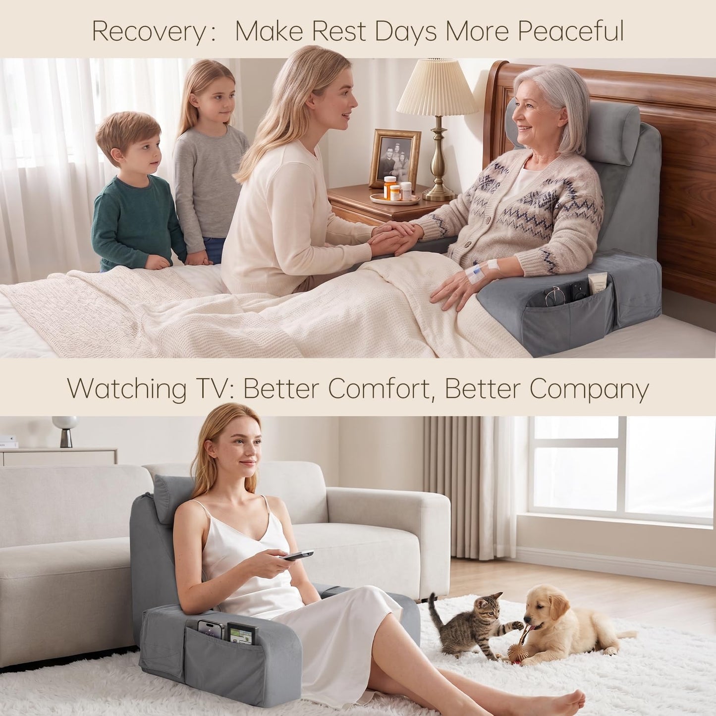 ENITYA Back Pillow for Bed Sitting Up,Reading Pillow with Armrests & Big Pockets for Adults,Upright Pillow for Resting,Watching TV,Nursing,Recovery,Gaming,Grey