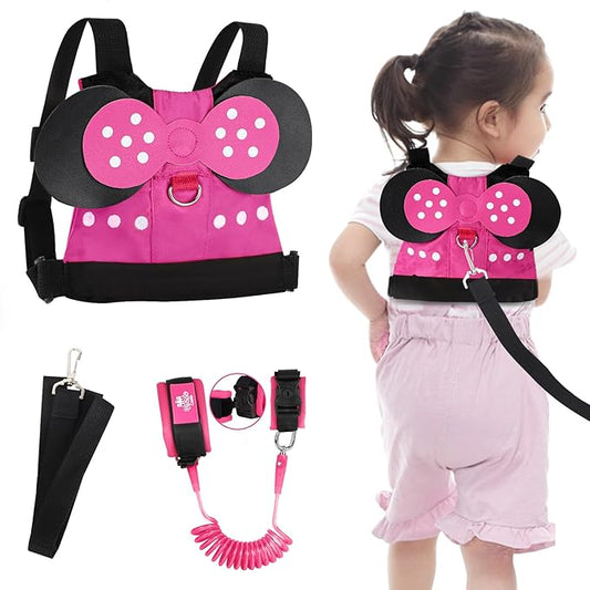 Lehoo Castle Toddler Leash for 1-5 Years, Baby Safety Harness for Girls with Anti-Lost Key Lock & Adjustable Strap, 3-in-1 Wrist Leash and Kids Backpack Harness for Walking Travel (Pink Minnie Mouse)