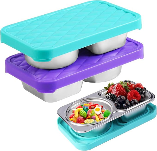 LVQVEV 2 Pack Stainless Steel Snack Containers, 2 Compartment Snack Container with Silicone Lids, Easy Open Leak Proof Reusable Metal Toddler Snack Containers for Daycare (purple, blue)