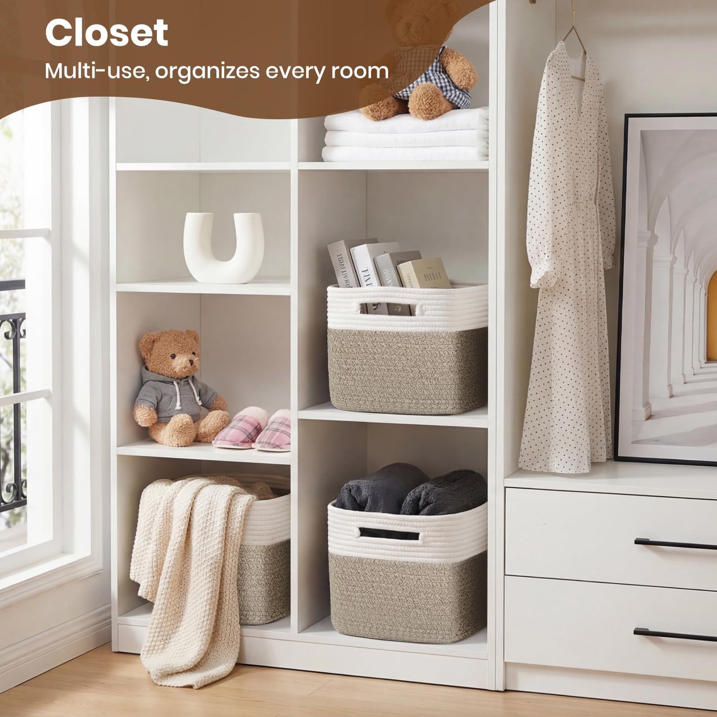 Storage Baskets for Organizing, 14 x 10 x 9” Closet Shelf Woven Baskets, Square Bins with Handles, Cotton Rope Basket for Clothes, Office, Room, White+Rice Brown 1 Pack
