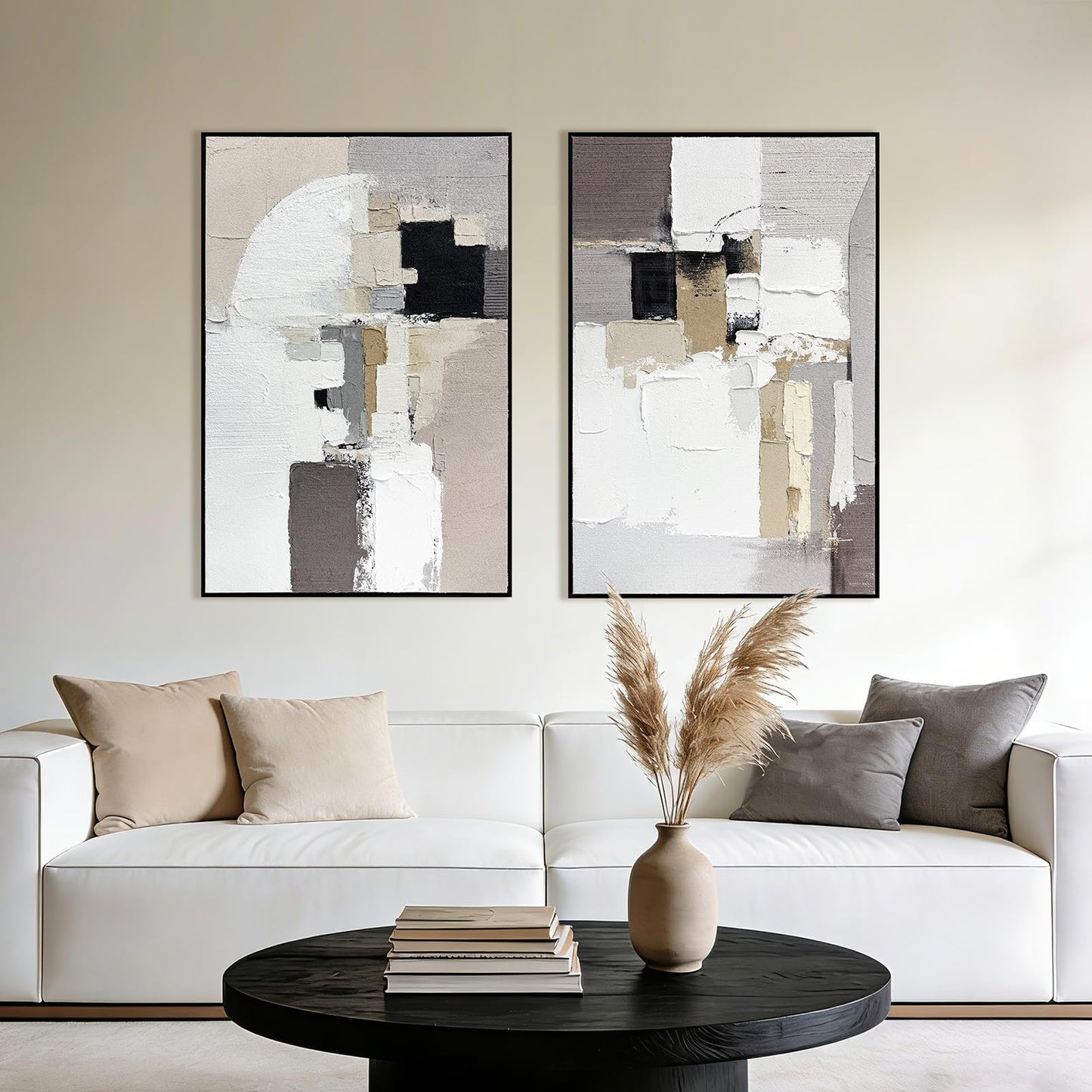 SAFERRYHOME Neutral Abstract Hand Painted Wall Art, 3D Textured Minimalist Framed Canvas Wall Decor, Large Modern Geometric Painting Artwork for Home Office Living Room, 24"x36"x2