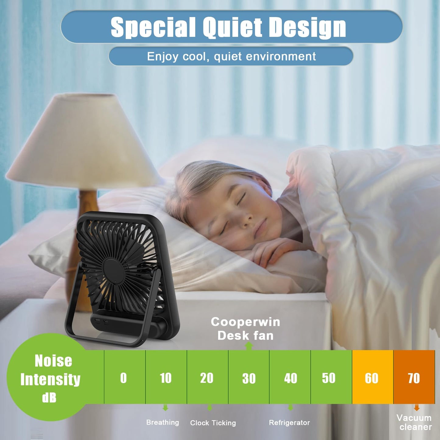 Cooperwin Small Desk Fan, 100 Speeds Personal Fan Portable Rechargeable with Battery Powered, 180°Tilt Adjustable Quiet Bedroom Fan, Home Beach Camping Travel Office Desk Accessories, Black