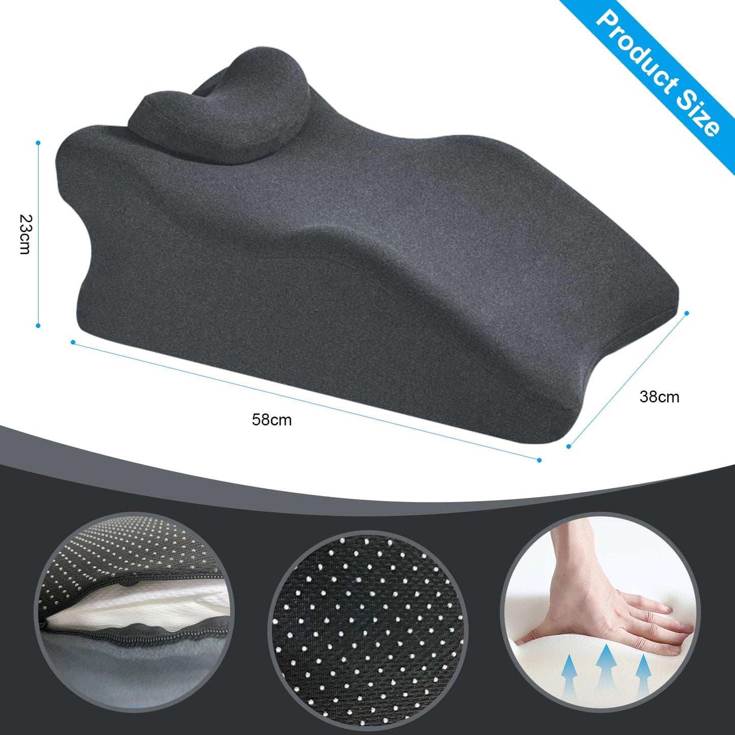 YSOGTDE Memory Foam Wedge Pillow for Sleeping, Reading and Back Support, Intimacy Pillow Ergonomic Bed Pillow for Acid Reflux, Back Pain Relief with Washable Cover- Dark Grey