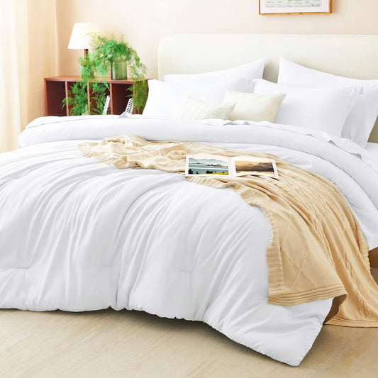 CozyLux Queen Comforter Set White, 7 Pieces Bed in a Bag Queen Comforter Set with Sheets, Soft Bedding Sets with Down Alternative Comforter, Sheets, Pillowcases & Shams, Bed Set Gift for All Seasons