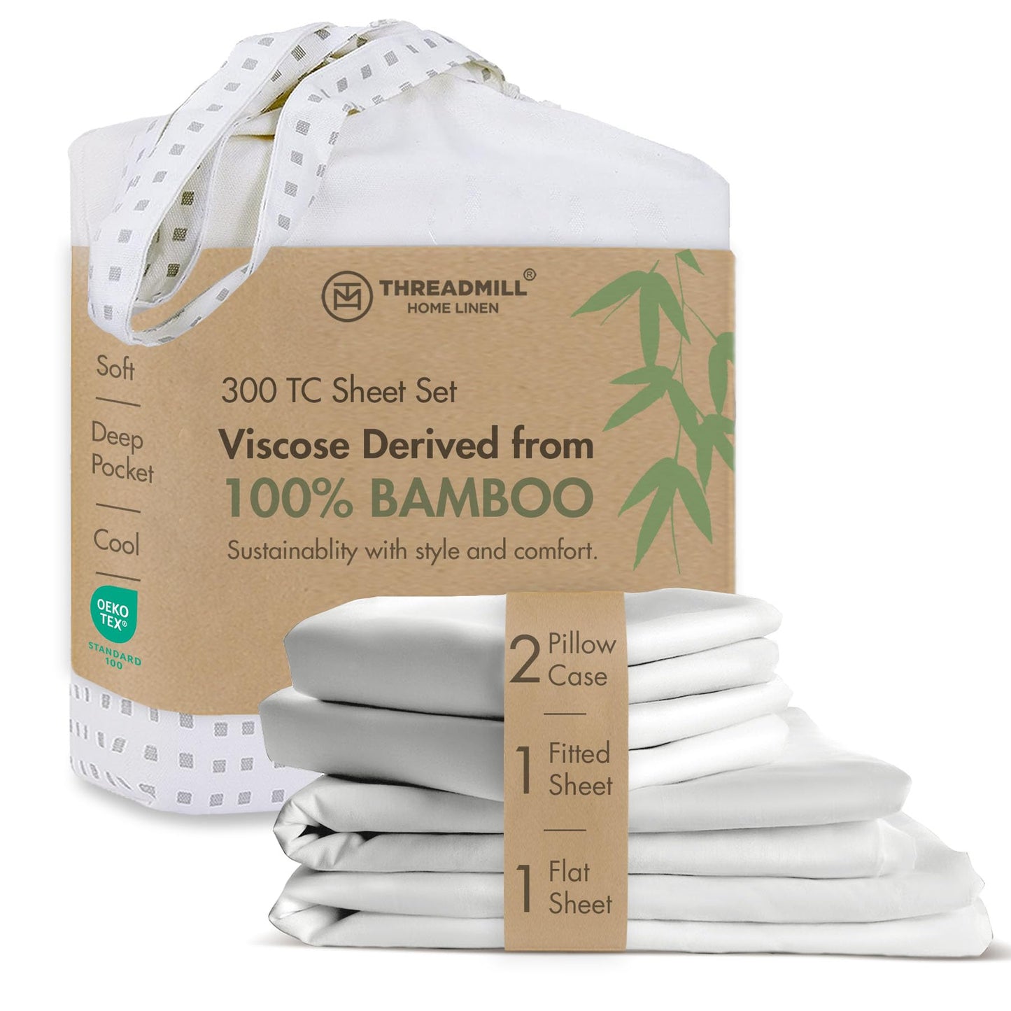 Threadmill Rayon Bamboo Queen Sheet Set - Viscose Bamboo Sheets for Queen Size Bed, 4 Piece Hotel White - Silky Soft, Cool, Lightweight, Breathable - Deep Pocket - Moisture Wicking & Cooling