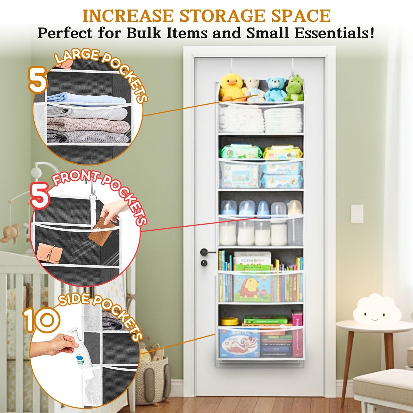Ofiray-home Over Door Organizer with 5 Large Pockets, 5 Transparent Front Pockets & 10 Mesh Side Pockets, 50 lbs Weight Capacity Hanging Storage for Toys, Shoes, Diapers, Pantry – Grey