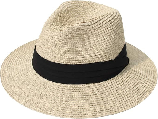 DRESHOW Women Straw Panama Hat Travel Fedora Beach Sun Hat Summer Wide Brim Straw Roll up Hat UPF 50+