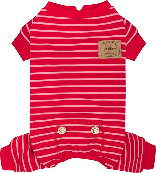 KYEESE Dog Pajamas, Striped Velvet Fleece Pet Jumpsuit, 4 Legs PJS Soft Doggie Jammies, Stretchable Dog Pajamas Pet Costumes, Comfortable Sleepwear for Small Dogs,Red Striped, X-Large