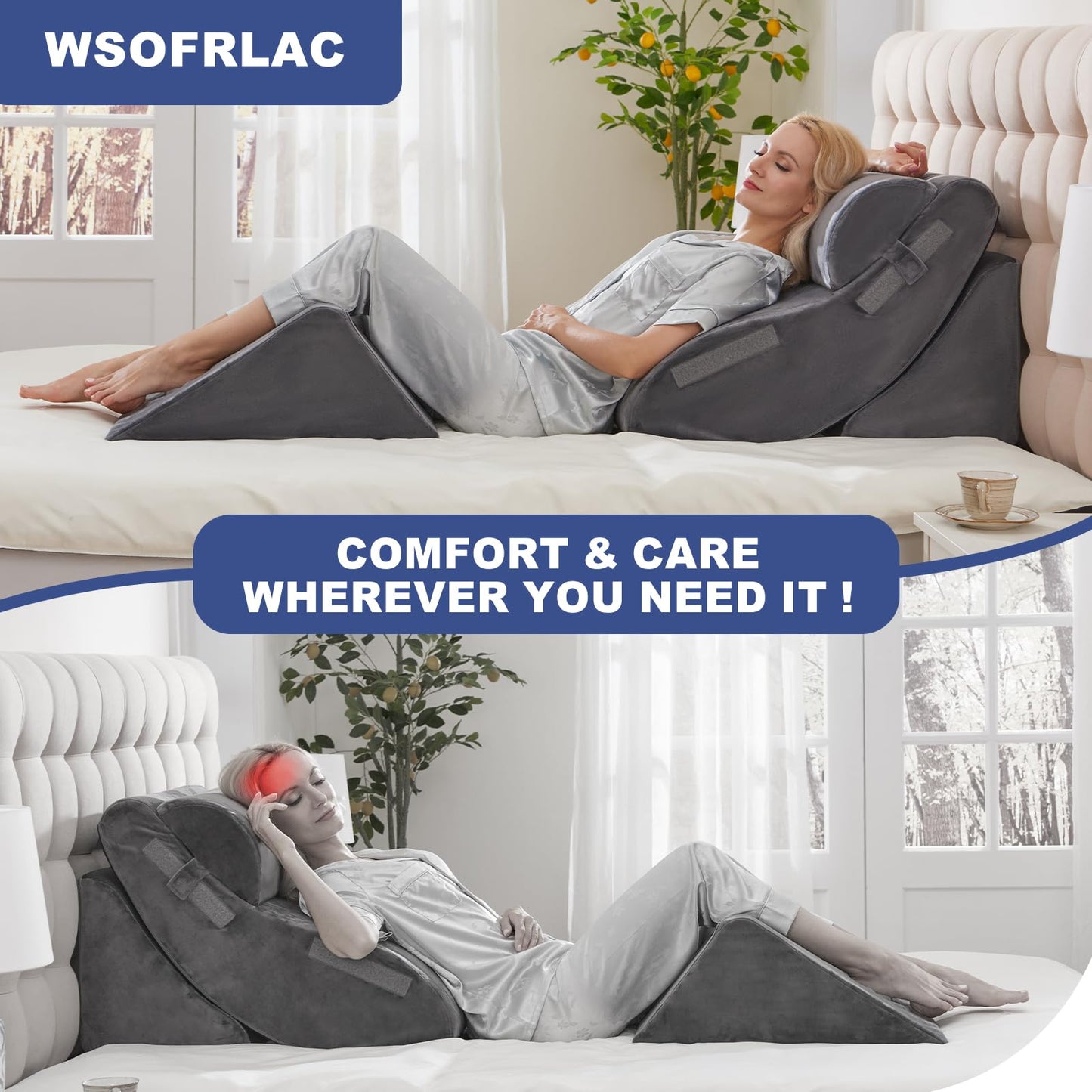 4PC Orthopedic Bed Wedge & BBL Surgery Pillow Set - Memory Foam Support for Buttocks/Back/Legs, Post Surgery Sleeping System with Adjustable Angles, Contains 2 Washable Pillowcases, Gray&White Grey