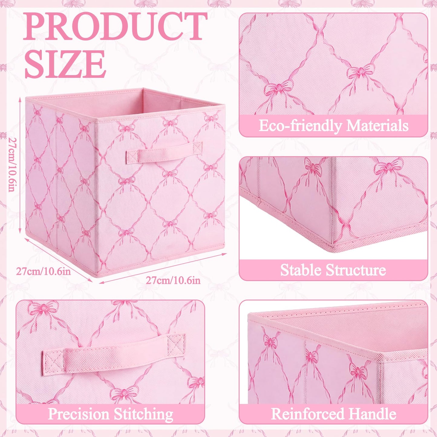 Geelin 6 Pcs Pink and Pink Bow Cube Storage Bins 11 Inch Storage Basket with Handle Cute Preppy Girls Organizer Container Collapsible Fabric Box for Classroom Bedrooms Office Home Decoration Gift