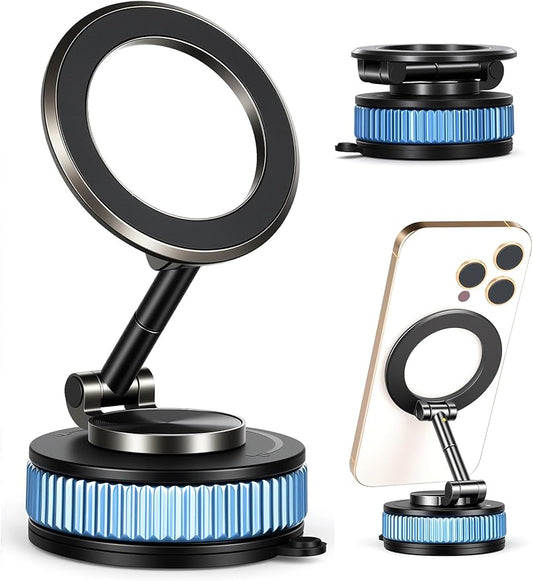Magnetic Phone Holder car，Metal Body Durable and Solid,Vacuum Suction Cup Phone Holder, Magsafe Car Mount for iPhone, Folding Holder for iPhone and Android