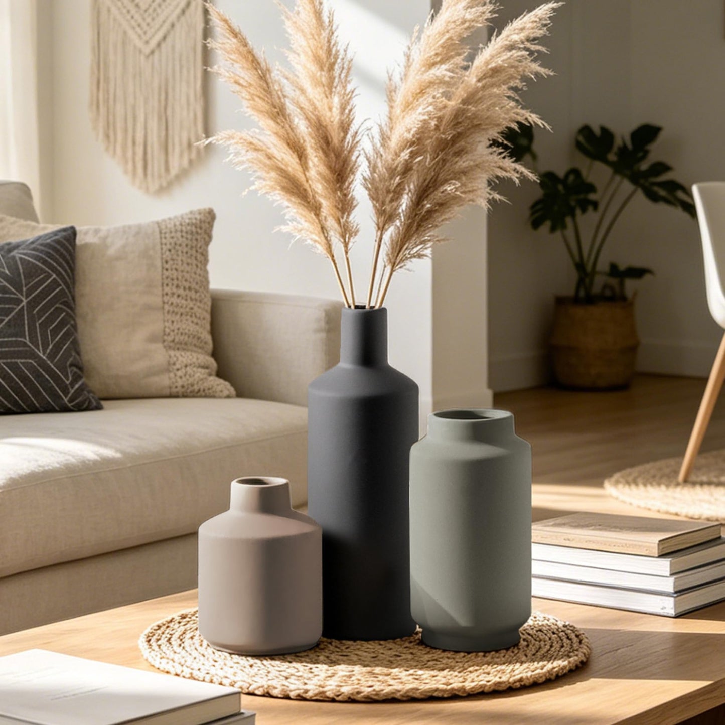 Ceramic Vase Set of 3, Modern Farmhouse Boho Table Centerpiece Vases, Small Flower Pottery for Coffee Bar Shelf Bookshelf Living Room Kitchen Decor, Rustic Home Decor Accents