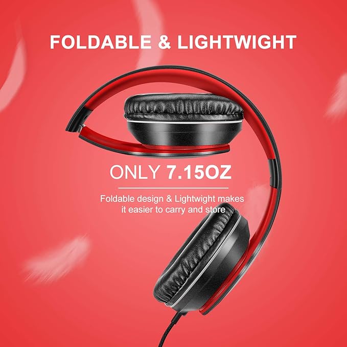 LORELEI X6 Over-Ear Headphones with Microphone, Lightweight Foldable & Portable Stereo Bass Headphones with 1.45M No-Tangle,Wired Headphones for Smartphone Tablet MP3 / 4 (Black-Red)