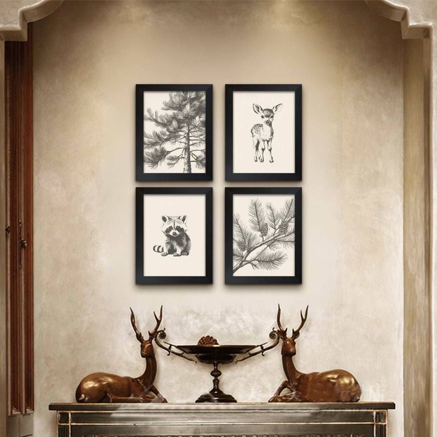 4Pcs Framed Wall Art Set Forest Animal Sketches on Canvas Nature Inspired Gallery Grade Artwork Ideal for Living Rooms Bedrooms and Children's Rooms 8x10 Ready to Hang