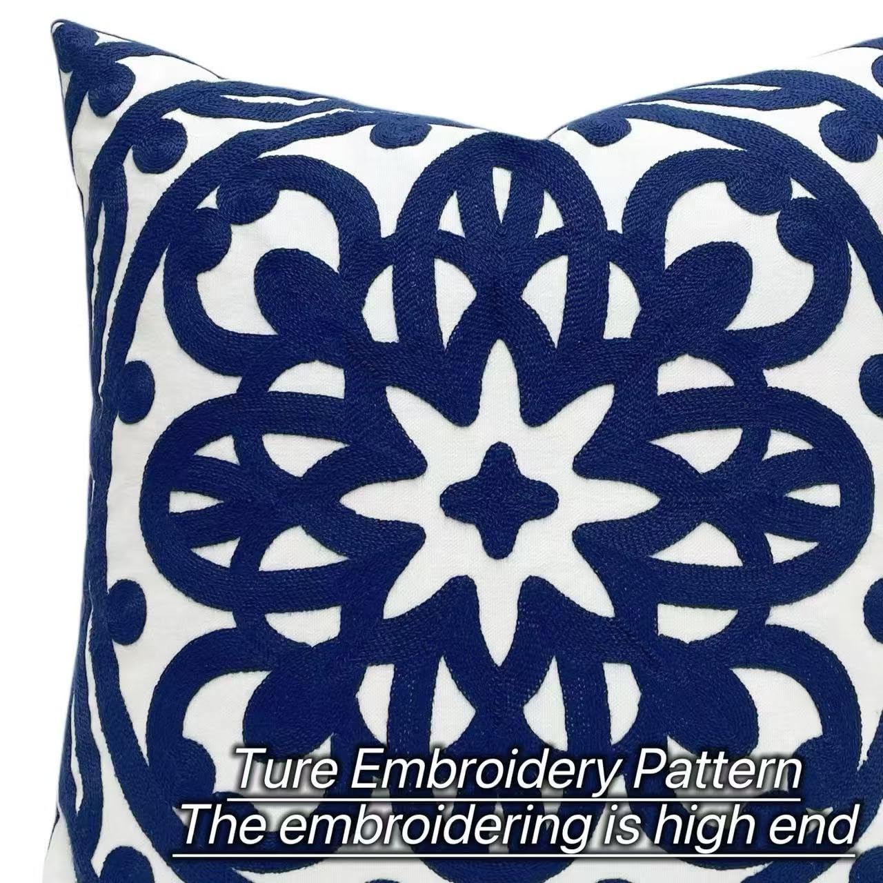 Slow Cow Canvas Embroidered Decorative Throw Pillow Cover Square 18 x18 inches Cozy Boho Mandala Chic Knit Pattern Cushion Cover for Sofa Couch Living Room Bedroom