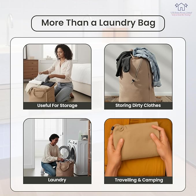 LFH Home Cotton Canvas Large Laundry Bag with Handle, Heavy Duty Drawstring Closure Washable Laundry Bags, School Travel, Home, Hotel, College Dorm, Organizer Sack, Toys Clothes 28x36-Beige