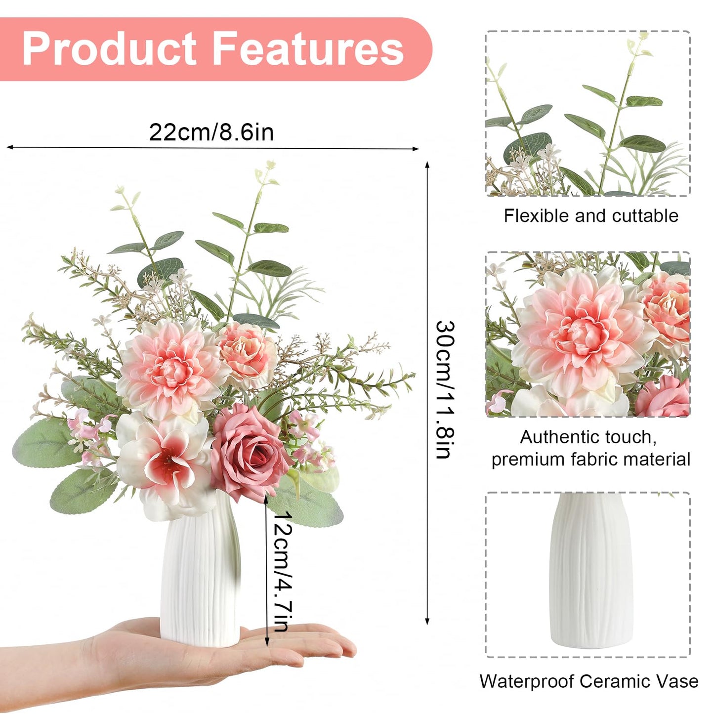 GAATEEK Small 11" Artificial Flowers in Ceramic Vase - Pink Silk Flower Centerpiece for Dining Table, Office, Wedding & Farmhouse, Home Decor Gifts