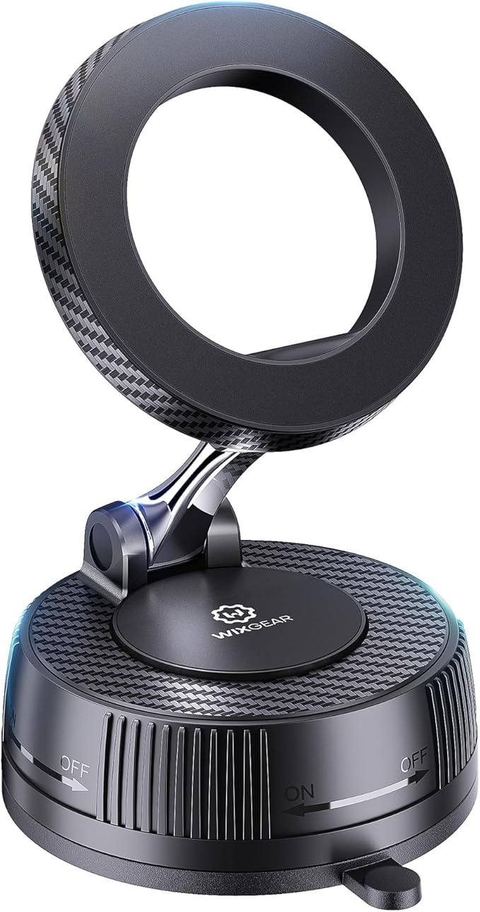 WixGear for MagSafe Car Mount - 78+LBs Suction Cup Phone Holder - 360° Adjustable Magnetic Cell Stand for iPhone 17 16 15 14 13 12 Pro Max - Dashboard Compatible Vehicle Accessory - Carbon Fiber