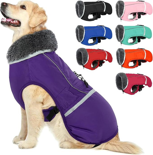 QBLEEV Warm Dog Coat Reflective Dog Jacket, Waterproof Dog Winter Coat Turtleneck Dog Clothes for Cold Weather, Thick Fleece Dog Snowsuit Christmas Dog Vest Pet Apparel for Small Medium Large Dogs L