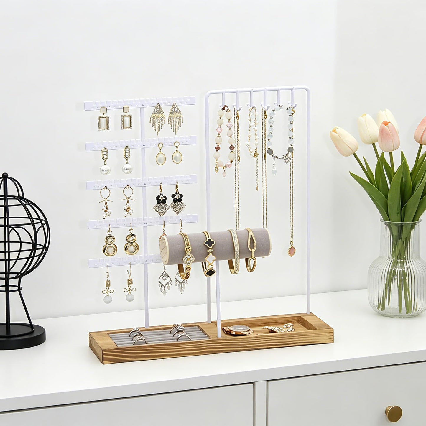 JONKASIPA Jewelry Stand Organizer with Tray, Wooden Base Necklace Rack Tower, Jewelry Display for Rings, Earrings, Bracelets – for Bedroom, Bathroom or Boutique-White