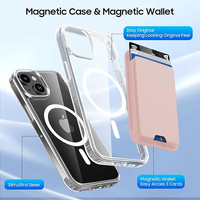 Ntwinro Magnetic for iPhone 13 & iPhone 14 Clear Case (Compatible with MagSafe) with Pink Detachable Wallet & Card Holder for 3 Cards [RFID Blocking] Military Grade Protective Slim Phone Cover