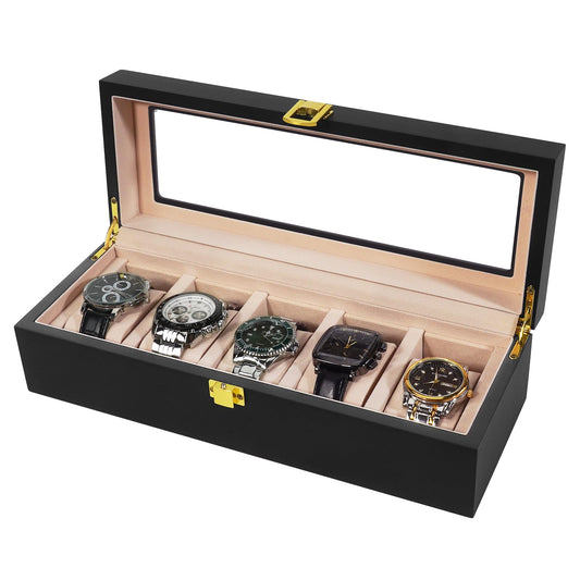 Vockow Wooden Watch Storage Box - 5 Slot Watch Display Case for Men Women | Watch Holder Organizer fit Watches with Dial Size up to 52 mm Black