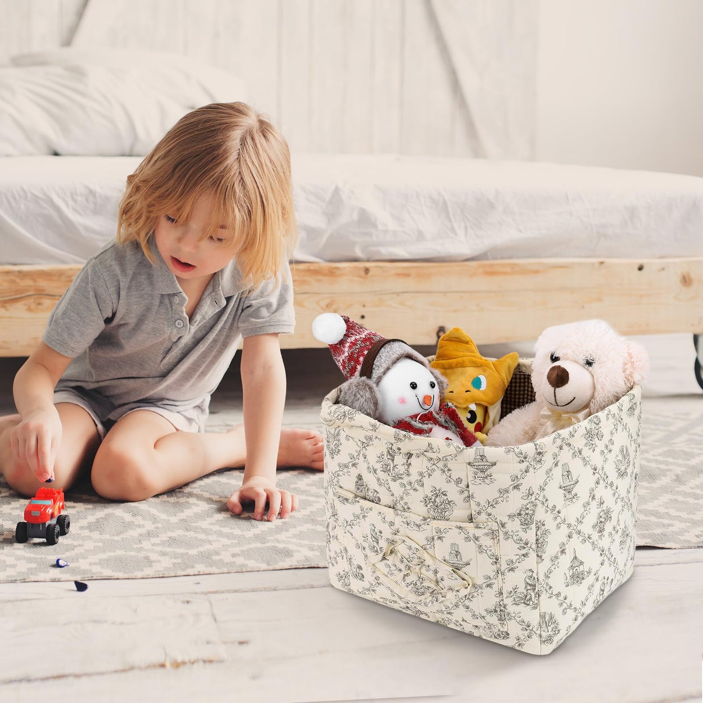 Storage Basket Boho Fabric Large Collapsible Floral Laundry Nursery Hamper Portable Folding Storage for Clothes Toys (Vine-Coffee)