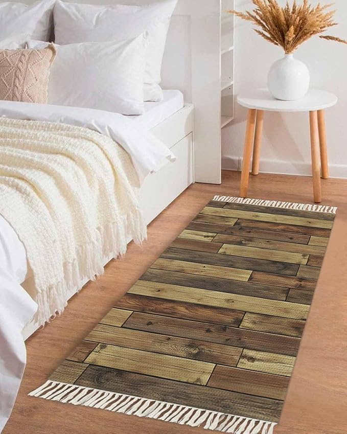 Brown Runner Rug 2X4 Ft Entryway Outdoor Indoor Mat, Washable Woven Vintage Country Wooden Grain Throw Carpet with Tassel, Non-Shedding Farmhouse Cabin Retro Plank Stitching Art Hallway Bath Mats